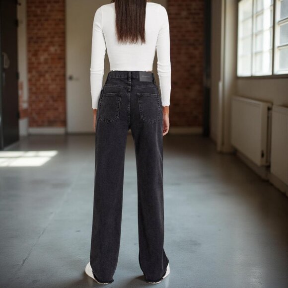 Zara Straight Wide Leg High Rise Distressed Raw Hem Jeans, 27/33 - Picture 3 of 16